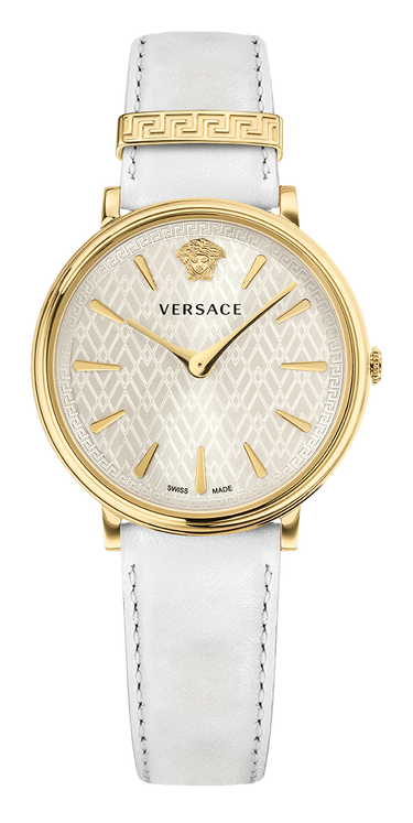 Versace V Circle Damenuhr Weißes Zifferblatt Leder Gold Stahl 38mm VE8100319